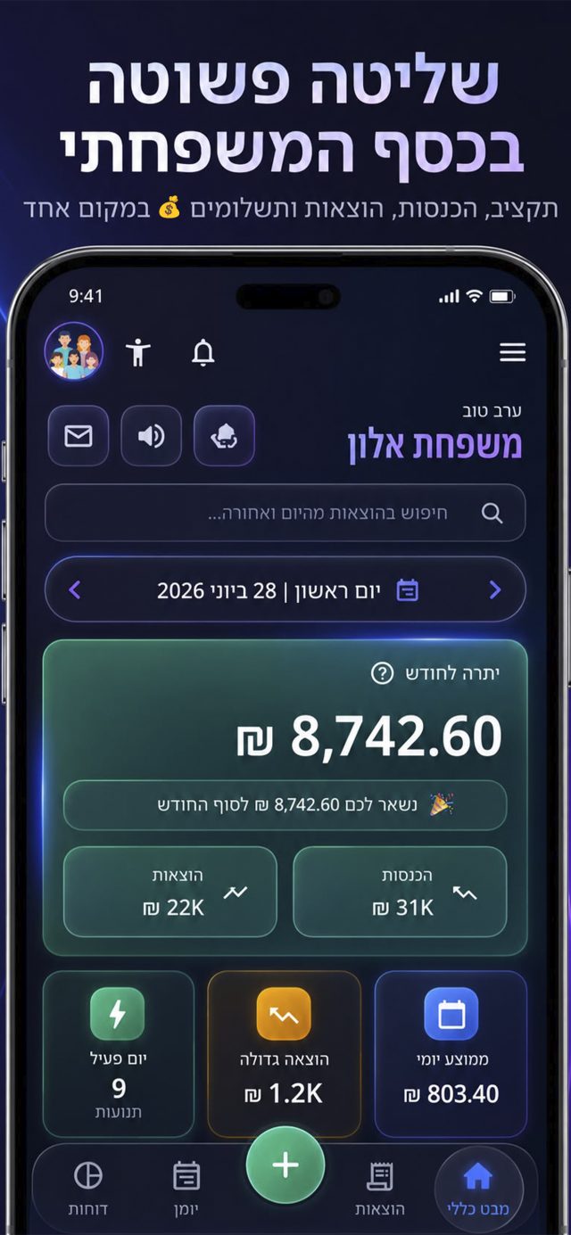 מבט כללי - יתרה לחודש, הכנסות והוצאות